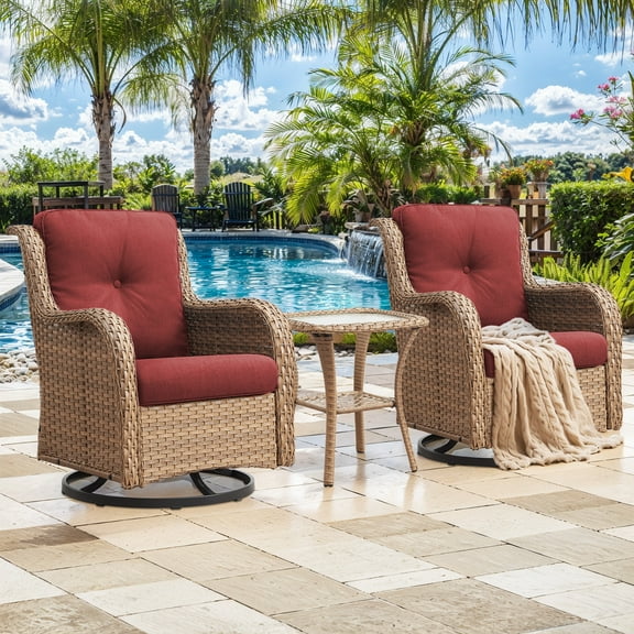 PARKWELL 3-Piece Outdoor Swivel Gliders with Side Table,Rattan Wicker Bistro Furniture Set,Yellow Wicker and Red Cushion