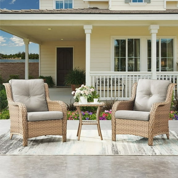PARKWELL 3PCS Outdoor Conversation Set Patio Wicker Cushioned Sofa Lounge Chairs with Coffee Table for Porch Balcony Backyard,Beige