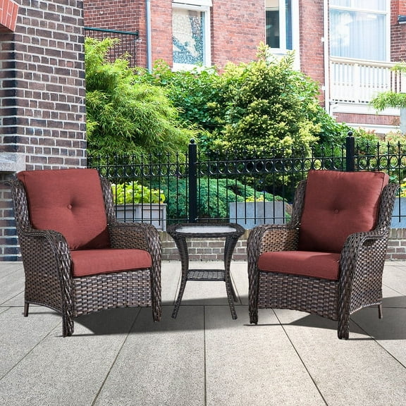 PARKWELL 3PCS Outdoor Conversation Set,Wicker Patio Lounge Chairs with Coffee Table for Porch Balcony Backyard,Red