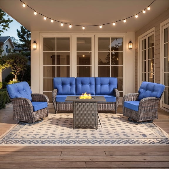 PARKWELL 4-Piece Outdoor Furniture Set with 30-Inch Propane Firepit - Rattan Cushioned Sofa and Wicker Swivel Glider Chairs,Outdoor Seating for Backyard Gatherings, Brown/Navy