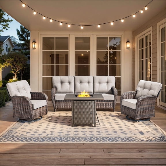 PARKWELL 4-Piece Outdoor Furniture Set with 30-Inch Propane Firepit - Rattan Cushioned Sofa and Wicker Swivel Glider Chairs,Outdoor Seating for Backyard Gatherings, Brown/Beige