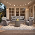 thumbnail image 1 of PARKWELL 4-Piece Outdoor Furniture Set with 30-Inch Propane Firepit - Rattan Cushioned Sofa and Wicker Swivel Glider Chairs,Outdoor Seating for Backyard Gatherings, Brown/Gray, 1 of 10