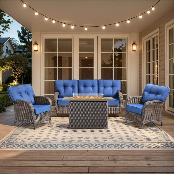 PARKWELL 4-Piece Outdoor Furniture Set with 41-Inch Propane Firepit - Rattan Cushioned Sofa and Wicker Lounge Chairs,Outdoor Seating for Backyard Gatherings, Brown/Navy