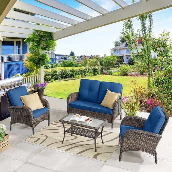 PARKWELL 4-Piece Outdoor Patio Conversation Furniture Set for Backyard, Deck w/Armchairs,Loveseat,Coffee Table, All-Weather Wicker Sectional Seating Group with Cushions
