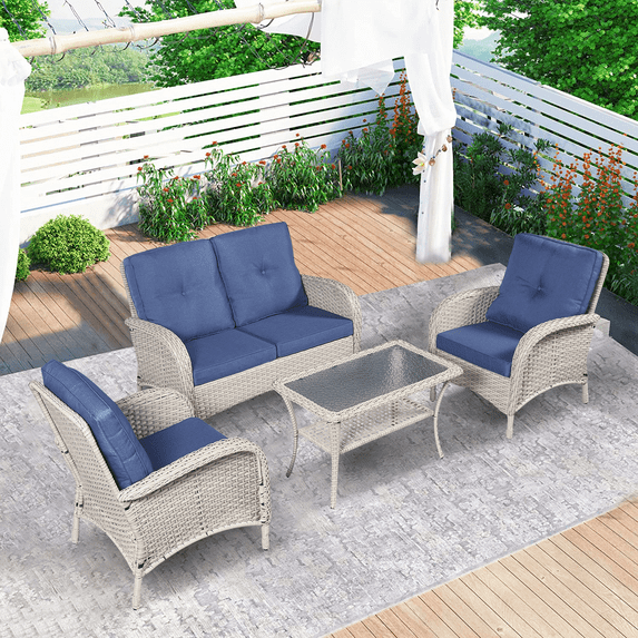 PARKWELL 4-Piece Outdoor Patio Conversation Furniture Set for Backyard, Deck w/Armchairs,Loveseat,Coffee Table, All-Weather Wicker Sectional Seating Group with Cushions