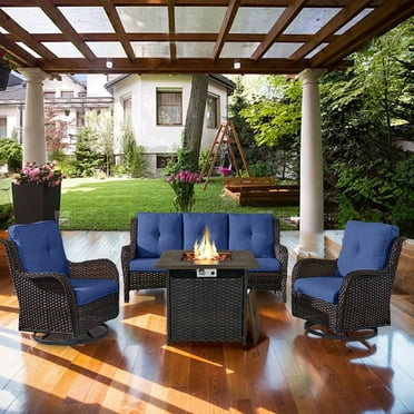 PARKWELL 4-Piece Outdoor Patio Furniture Set 5-Seat High Back Conversation Set with 30" Fire Pit Table and Swivel Glider for Patio Garden Deck,Brown Wicker Navy Cushions