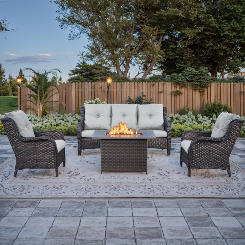 PARKWELL 4-Piece Outdoor Patio Furniture Set 5-Seat High Back Conversation Set with 41" Fire Pit Table and Deep Seat Wicker Chairs for Patio Garden Deck,Brown Wicker Beige Cushions