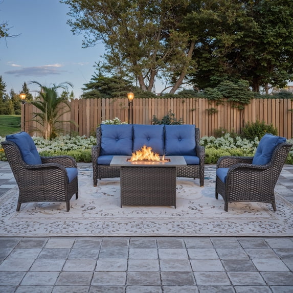 PARKWELL 4-Piece Outdoor Patio Furniture Set 5-Seat High Back Conversation Set with 41" Fire Pit Table and Deep Seat Wicker Chairs for Patio Garden Deck,Brown Wicker Navy Cushions