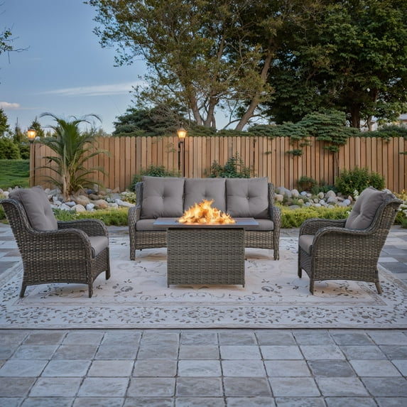 PARKWELL 4-Piece Outdoor Patio Furniture Set 5-Seat High Back Conversation Set with 41" Fire Pit Table and Deep Seat Wicker Chairs for Patio Garden Deck,Gray Wicker Gray Cushions