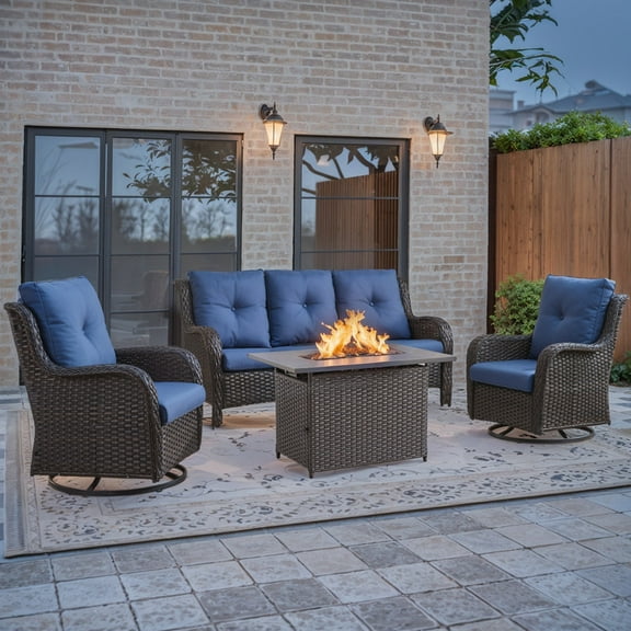 PARKWELL 4-Piece Outdoor Patio Furniture Set 5-Seat High Back Conversation Set with 41" Fire Pit Table and Swivel Glider for Patio Garden Deck,Brown Wicker Navy Cushions