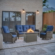 PARKWELL 4-Piece Outdoor Patio Furniture Set 5-Seat High Back Conversation Set with 41" Fire Pit Table and Swivel Glider for Patio Garden Deck,Gray Wicker Navy 