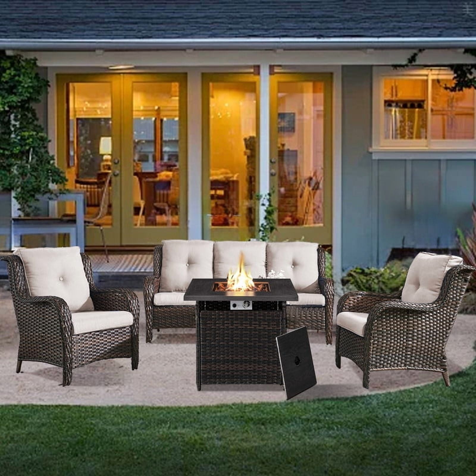 PARKWELL 4-Piece Outdoor Patio Furniture Set 5-Seat High Back Conversation Set with 30" Fire Pit Table and Deep Seat Wicker Chairs for Patio Garden Deck,Brown Wicker Beige Cushions
