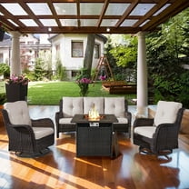 PARKWELL 4-Piece Outdoor Patio Furniture Set 5-Seat High Back Conversation Set with 30" Fire Pit Table and Swivel Glider for Patio Garden Deck,Brown Wicker Beige Cushions