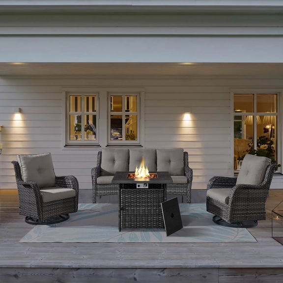 PARKWELL 4-Piece Outdoor Patio Furniture Set 5-Seat High Back Conversation Set with 30" Fire Pit Table and Swivel Glider for Patio Garden Deck,Gray Wicker Gray Cushions