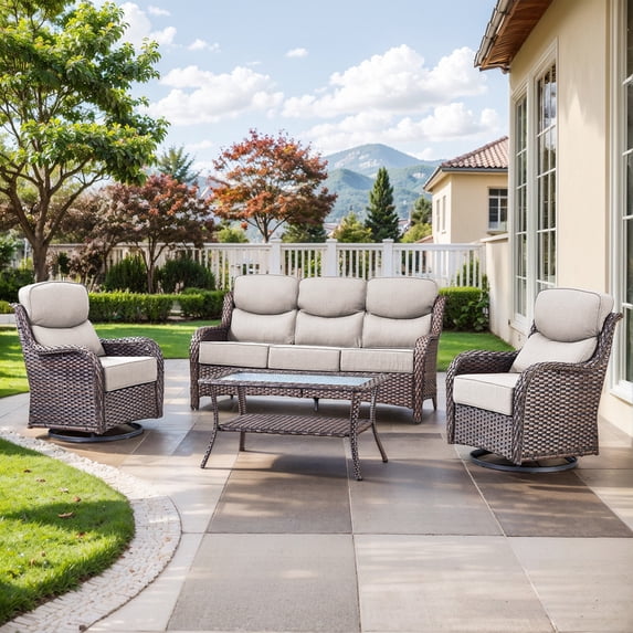 PARKWELL 4 Piece Outdoor Patio Furniture Set,All-Weather High Back Conversation Set with Luxury 6-Inch Thick Cushions,Swivel Glider Chair,5-Seat Furniture Sets for Garden, Deck, Backyard,Brown/Beige