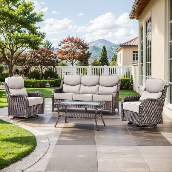 PARKWELL 4 Piece Outdoor Patio Furniture Set,All-Weather High Back Conversation Set with Luxury 6-Inch Thick Cushions,Swivel Glider Chair,5-Seat Furniture Sets for Garden, Deck, Backyard,Brown/Beige