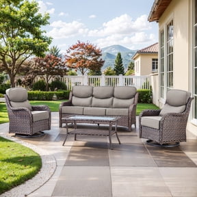 PARKWELL 4 Piece Outdoor Patio Furniture Set,All-Weather High Back Conversation Set with Luxury 6-Inch Thick Cushions,Swivel Glider Chair,5-Seat Furniture Sets for Garden, Deck, Backyard,Brown/Gray