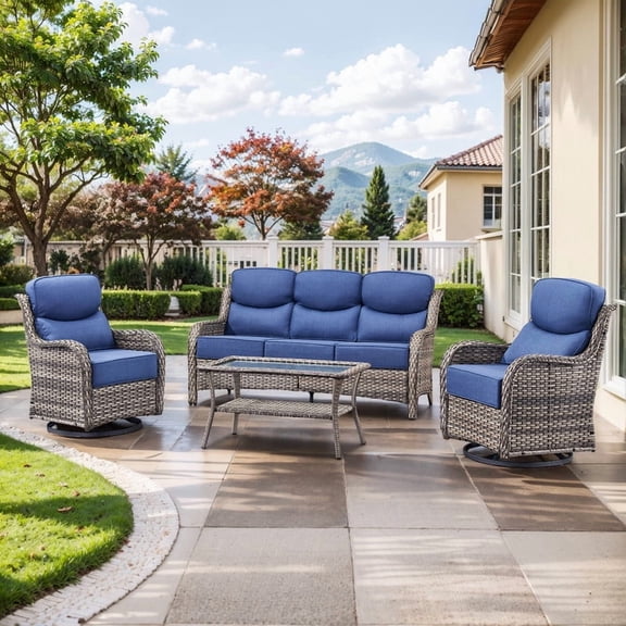 PARKWELL 4 Piece Outdoor Patio Furniture Set,All-Weather High Back Conversation Set with Luxury 6-Inch Thick Cushions,Swivel Glider Chair,5-Seat Furniture Sets for Garden, Deck, Backyard,Gray/Navy