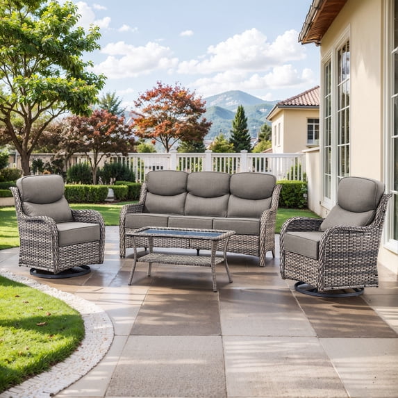 PARKWELL 4 Piece Outdoor Patio Furniture Set,All-Weather High Back Conversation Set with Luxury 6-Inch Thick Cushions,Swivel Glider Chair,5-Seat Furniture Sets for Garden, Deck, Backyard,Gray/Gray