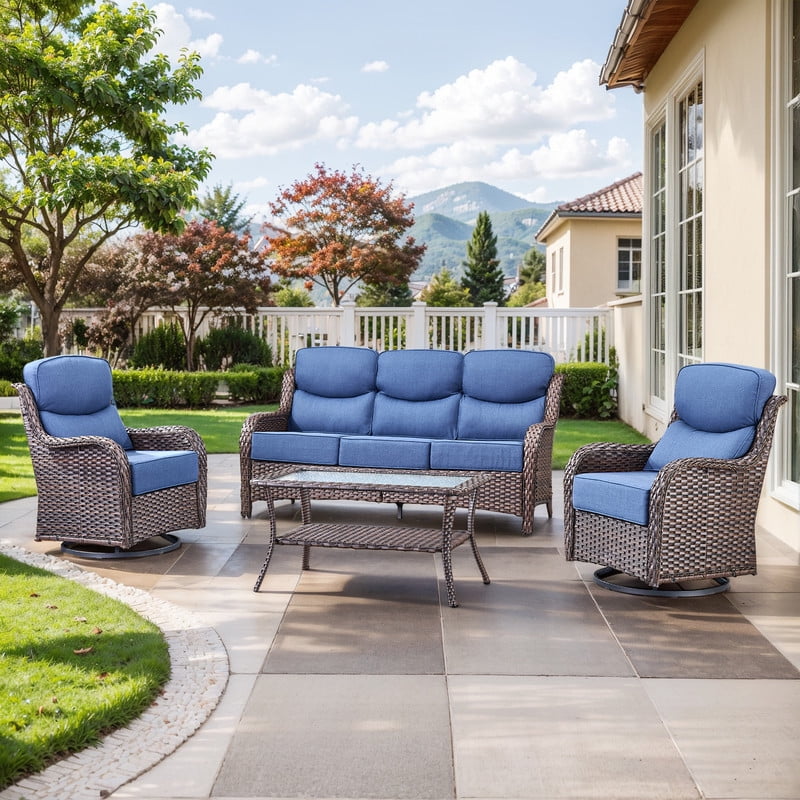 PARKWELL 4 Piece Outdoor Patio Furniture Set,All-Weather High Back Conversation Set with Luxury 6-Inch Thick Cushions,Swivel Glider Chair,5-Seat Furniture Sets for Garden, Deck, Backyard,Brown/Navy