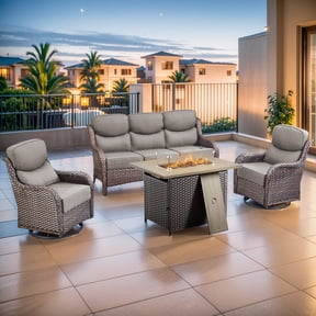 PARKWELL 4-Piece Outdoor Patio Furniture Set with Fire Pit,High Back Conversation with Swivel Glider Chairs,50,000 BTU,Luxury 6" Thick Cushions,Wicker Patio Set for Deck, Backyard,Brown/Gray