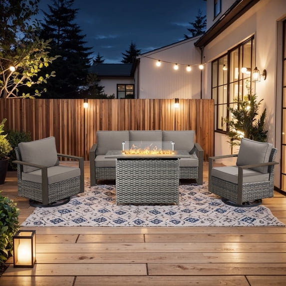 PARKWELL 4 Piece Outdoor Patio Furniture Set with Fire Pit Table,All-Weather Conversation Set with 3-Seat Sofa,Swivel Glider Chair,Patio Fire Pit Seating Sets for Backyard Gatherings, Gray/Gray