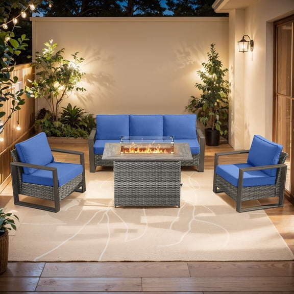 PARKWELL 4 Piece Outdoor Patio Furniture Set with Fire Pit Table,All-Weather Conversation Set with 3-Seat Sofa,Wicker Lounge Chairs,Patio Fire Pit Seating Sets for Backyard Gatherings, Gray/Navy