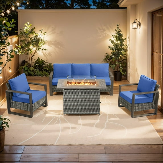 PARKWELL 4 Piece Outdoor Patio Furniture Set with Fire Pit Table,All-Weather Conversation Set with 3-Seat Sofa,Wicker Lounge Chairs,Patio Fire Pit Seating Sets for Backyard Gatherings, Gray/Navy