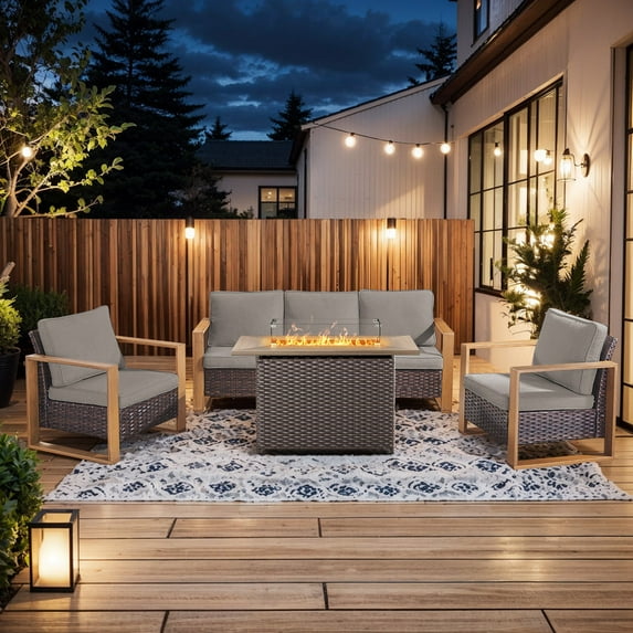 PARKWELL 4 Piece Outdoor Patio Furniture Set with Fire Pit Table,All-Weather Conversation Set with 3-Seat Sofa,Wicker Lounge Chairs,Patio Fire Pit Seating Sets for Backyard Gatherings, Brown/Gray