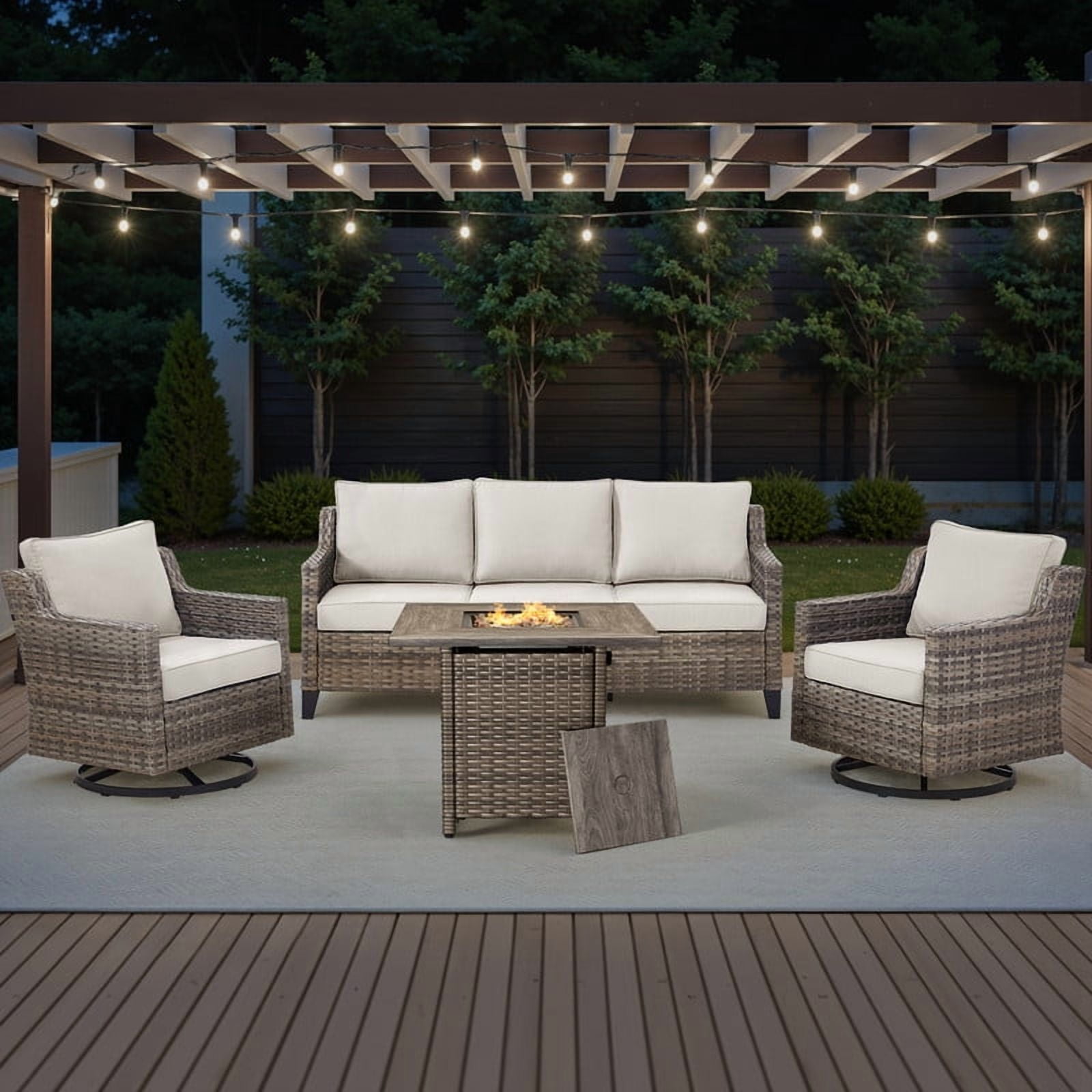 PARKWELL 4 Piece Outdoor Patio Furniture Set with Fire Pit Table,All-Weather Conversation Set with Luxury 4-Inch Thick Cushions,Swivel Glider Chair,5-Seat Furniture Sets for Deck, Backyard,Gray/Beige