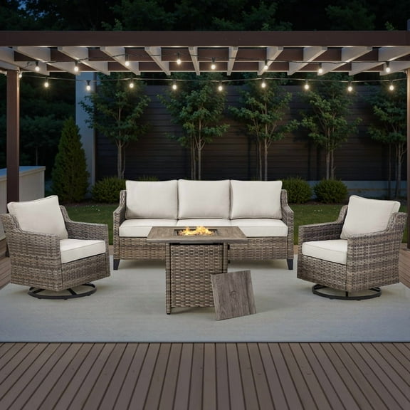 PARKWELL 4 Piece Outdoor Patio Furniture Set with Fire Pit Table,All-Weather Conversation Set with Luxury 4-Inch Thick Cushions,Swivel Glider Chair,5-Seat Furniture Sets for Deck, Backyard,Gray/Beige