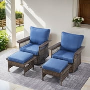 PARKWELL 4-Piece Outdoor Swivel Gliders with Ottoman Seat Foot Rest,360 Degree Swivel Rocker Chair Rattan Wicker Conversation Bistro Furniture Sets,Navy