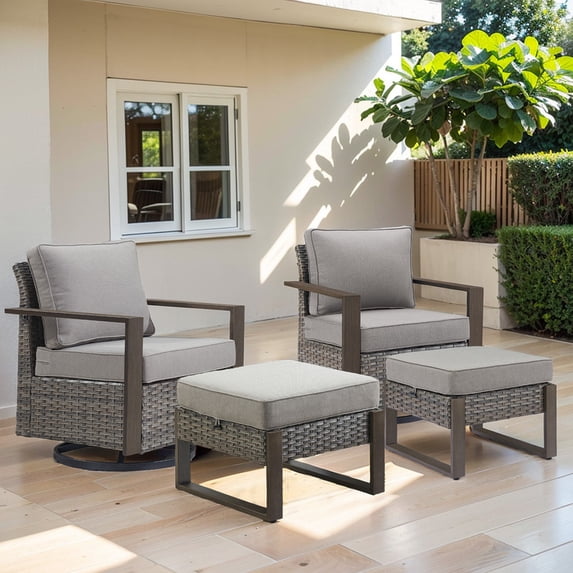 PARKWELL 4-Piece Outdoor Swivel Gliders Rocker with Soft Cushions,Ottoman Seat Foot Rest,All-Weather Wicker Patio Conversation Seating Furniture Set for Deck or Garden,Gray