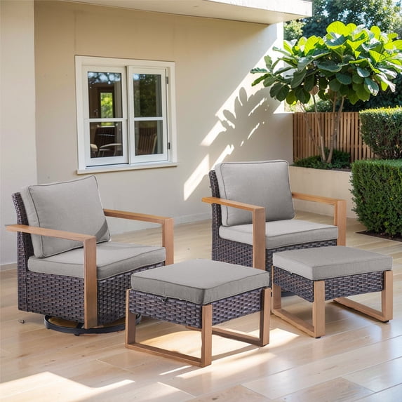PARKWELL 4-Piece Outdoor Swivel Gliders Rocker with Soft Cushions,Ottoman Seat Foot Rest,All-Weather Wicker Patio Conversation Seating Furniture Set for Deck or Garden,Gray