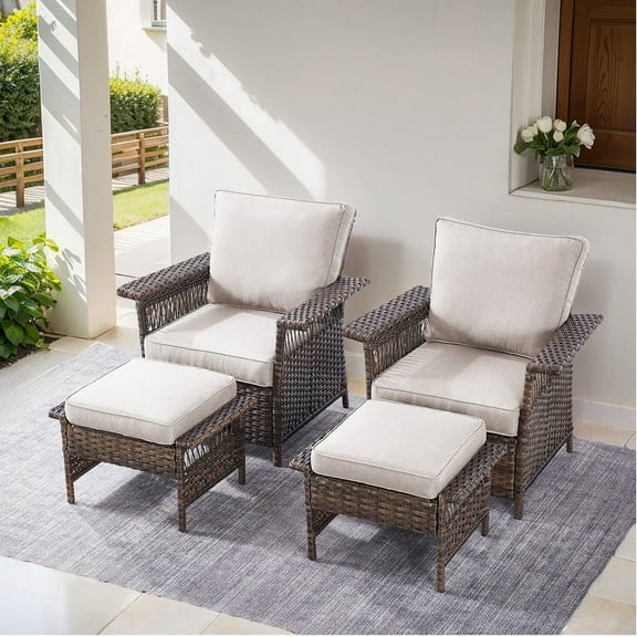 PARKWELL 4-Piece Outdoor Wicker Cushioned Lounge Chair with Ottoman Seat Foot Rest,Outdoor Rattan Wicker Conversation Furniture Sets,Beige