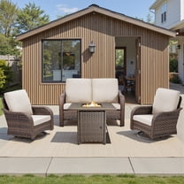PARKWELL 4-Piece Outdoor Wicker Patio Furniture Set with Propane Fire Pit Table, Loveseat, 360 Swivel Glider Chairs, All Weather Rattan Conversation Seating for Deck Garden Backyard, Beige