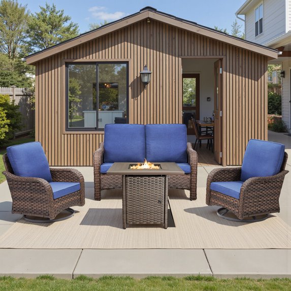PARKWELL 4-Piece Outdoor Wicker Patio Furniture Set with Propane Fire Pit Table, Loveseat, 360 Swivel Glider Chairs, All Weather Rattan Conversation Seating for Deck Garden Backyard, Blue