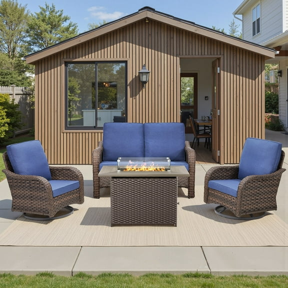 PARKWELL 4-Piece Outdoor Wicker Patio Furniture Set with Propane Fire Pit Table, Loveseat, 360 Swivel Glider Chairs, All Weather Rattan Conversation Seating for Deck Garden Backyard, Blue