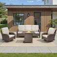thumbnail image 1 of PARKWELL 4-Piece Outdoor Wicker Patio Furniture Set with Propane Fire Pit Table, Sofa, 360 Swivel Glider Chairs, All Weather Rattan Conversation Seating for Deck Garden Backyard, Beige, 1 of 13