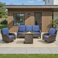 thumbnail image 1 of PARKWELL 4-Piece Outdoor Wicker Patio Furniture Set with Propane Fire Pit Table, Sofa, 360 Swivel Glider Chairs, All Weather Rattan Conversation Seating for Deck Garden Backyard, Blue, 1 of 13
