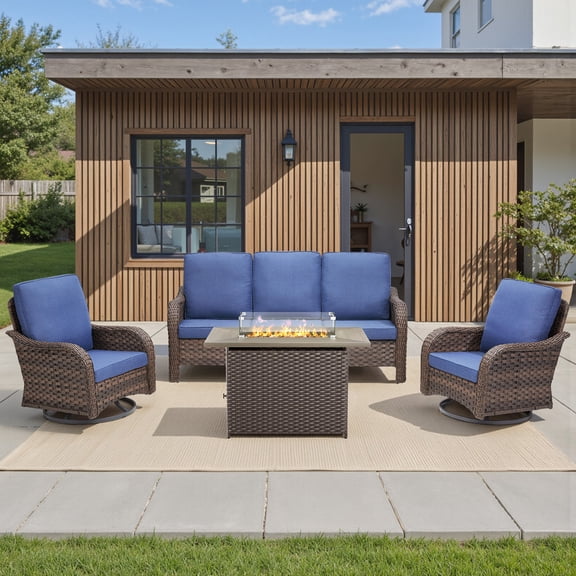 PARKWELL 4-Piece Outdoor Wicker Patio Furniture Set with Sofa, 360 Swivel Glider Chairs and Propane Fire Pit Table, All Weather Rattan Conversation Seating for Deck Garden Backyard, Blue