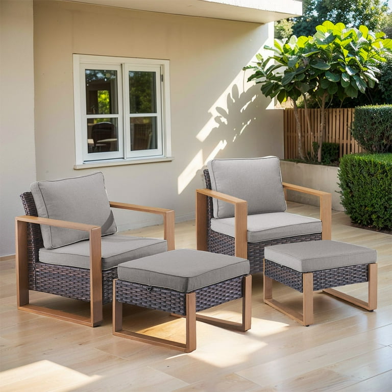PARKWELL 4 Piece Patio Wicker Lounge Chairs with Soft Cushions Ottoman Seat Foot Rest Outdoor All Weather Rattan Conversation Seating Furniture Set