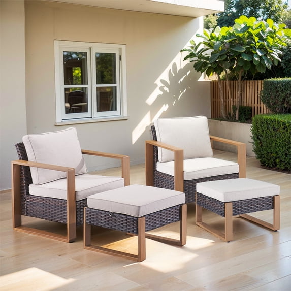PARKWELL 4-Piece Patio Wicker Lounge Chairs with Soft Cushions,Ottoman Seat Foot Rest,Outdoor All-Weather Rattan Conversation Seating Furniture Set for Deck or Garden,Beige