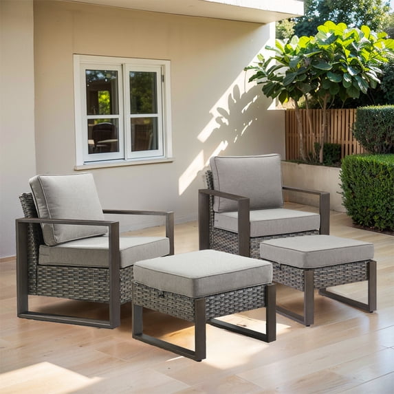 PARKWELL 4-Piece Patio Wicker Lounge Chairs with Soft Cushions,Ottoman Seat Foot Rest,Outdoor All-Weather Rattan Conversation Seating Furniture Set for Deck or Garden,Gray