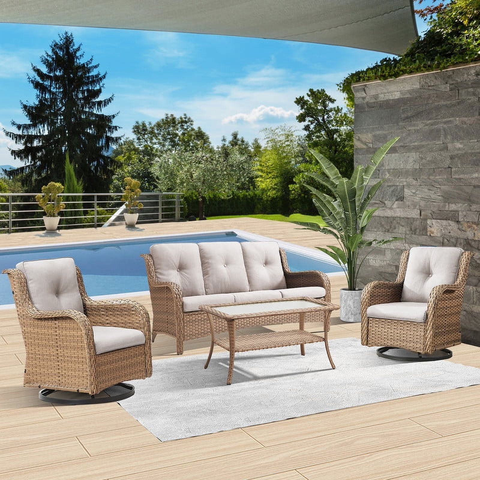 PARKWELL 4 Pieces Outdoor Patio Furniture Set Wicker Rattan Swivel Glider Chairs Cushioned Sofa Coffee Table All-Weather Conversation Sectional with Anti-Slip Cushions for Balcony