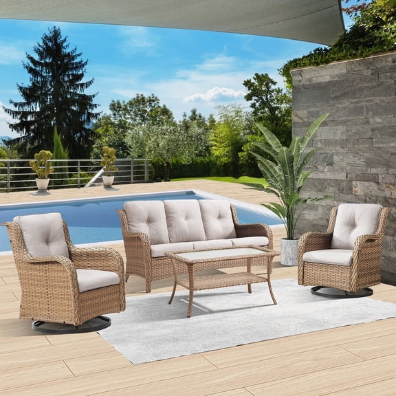 PARKWELL 4 Pieces Outdoor Patio Furniture Set Wicker Rattan Swivel Glider Chairs Cushioned Sofa Coffee Table All-Weather Conversation Sectional with Anti-Slip Cushions for Balcony