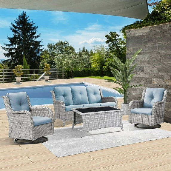 PARKWELL 4 Pieces Outdoor Patio Furniture Set Wicker Rattan Swivel Glider Chairs Cushioned Sofa Coffee Table All-Weather Conversation Sectional with Anti-Slip Cushions for Balcony