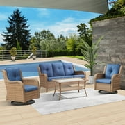 PARKWELL 4 Pieces Outdoor Patio Furniture Set Wicker Rattan Swivel Glider Chairs Cushioned Sofa Coffee Table All-Weather Conversation Sectional with Anti-Slip Cushions for Balcony