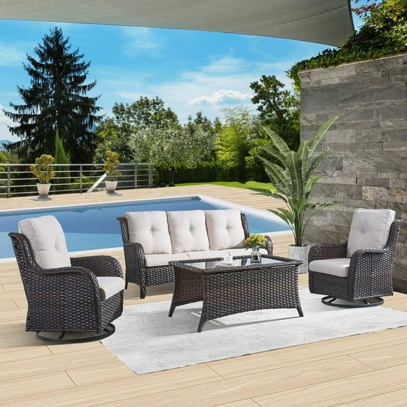 PARKWELL 4 Pieces Outdoor Patio Furniture Set Wicker Rattan Swivel Glider Chairs Cushioned Sofa Dining Table All-Weather Conversation Sectional with Anti-Slip Cushions for Balcony