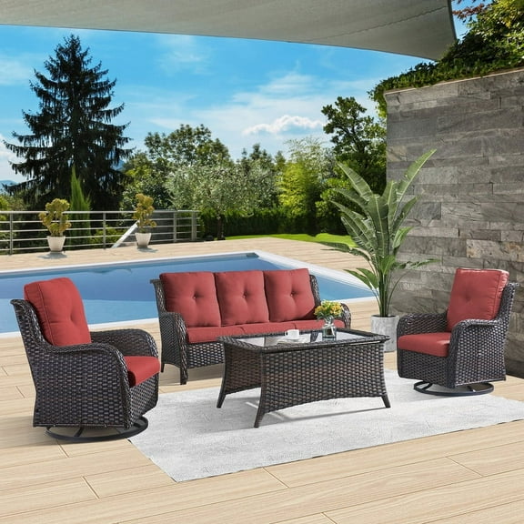 PARKWELL 4 Pieces Outdoor Patio Furniture Set Wicker Rattan Swivel Glider Chairs Cushioned Sofa Dining Table All-Weather Conversation Sectional with Anti-Slip Cushions for Balcony
